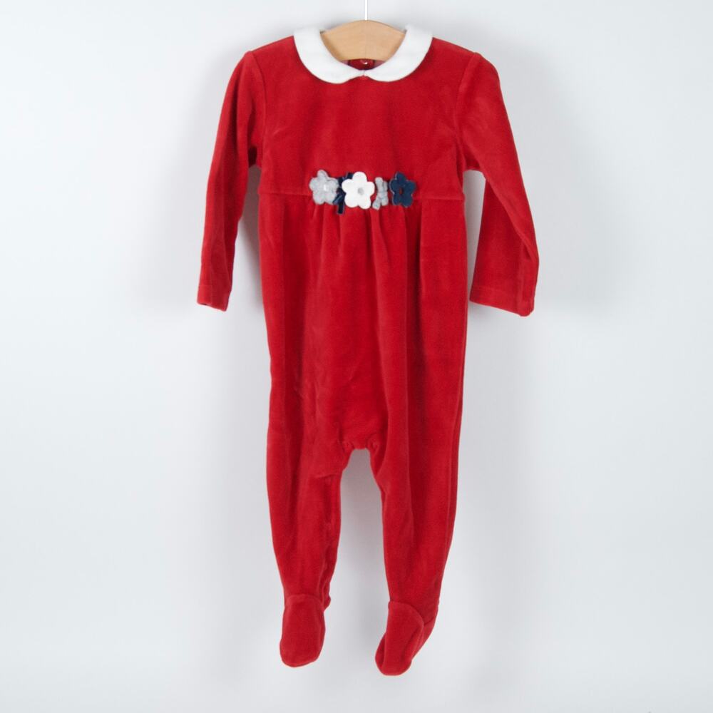 Mayoral Footed Sleeper Baby 6-9m Red Velour Floral Peter Pan‎ Collar